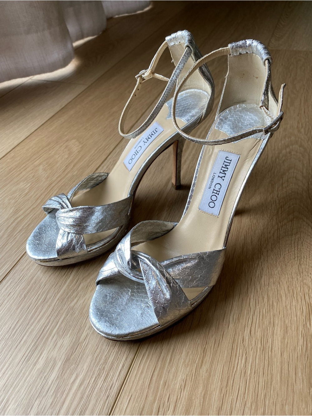Jimmy Choo Silver Metallic Ankle-Strap Heels